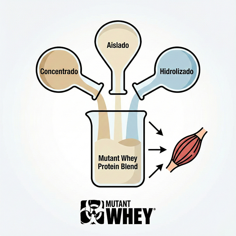 Diferentes tipos de proteína (Concentrado, Aislado, Hidrolizado) se combinan para crear la fórmula única de Mutant Whey, proporcionando un soporte muscular óptimo Diferentes tipos de proteína (Concentrado, Aislado, Hidrolizado) se combinan para crear la fórmula única de Mutant Whey, proporcionando un soporte muscular óptimo